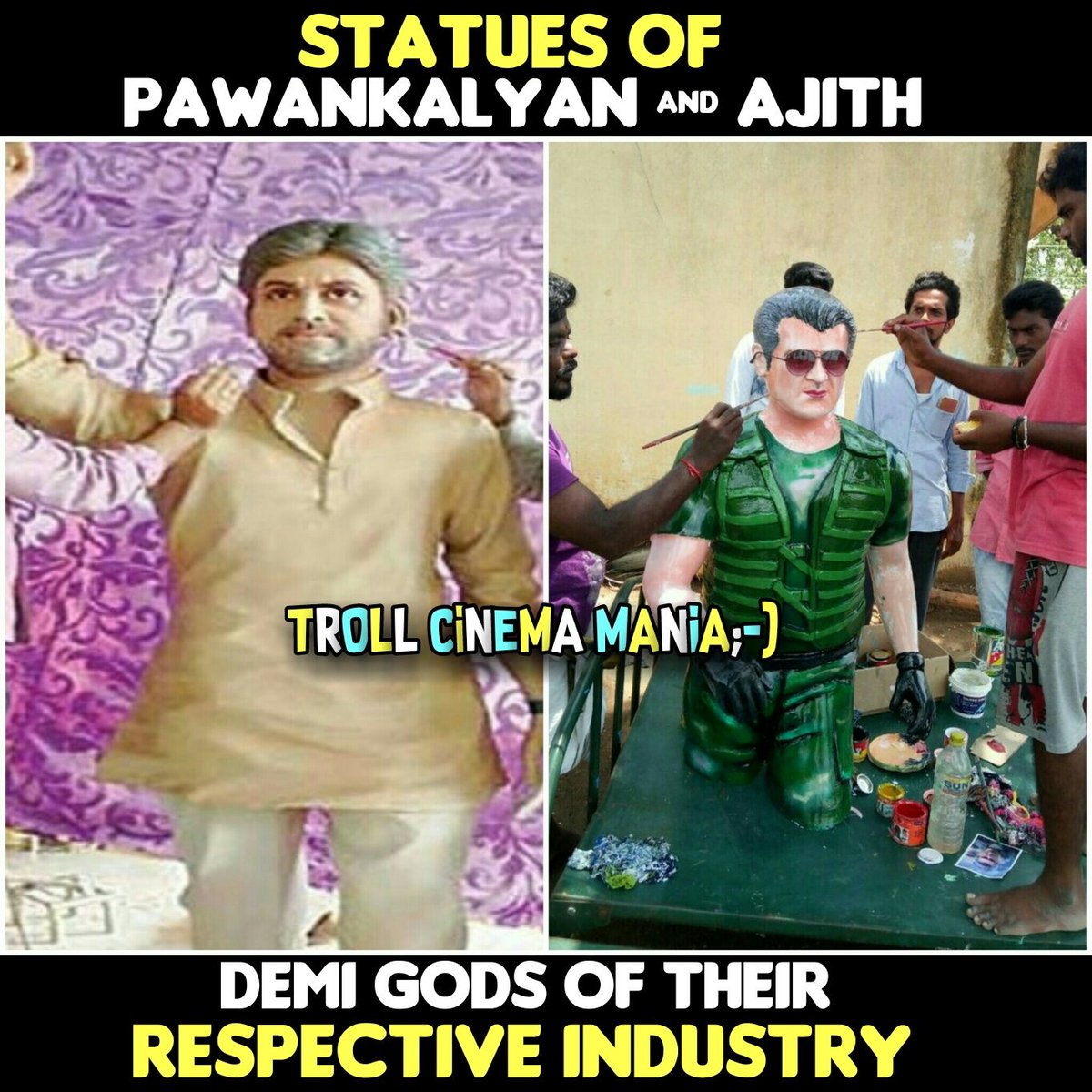 TrolCineMania's tweet photo. Pk &amp; Ak Demi Gods for a reason 💪
#Pawankalyan #Ajith ❤
#AjithStatue https://t.co/4hmP4UceQN