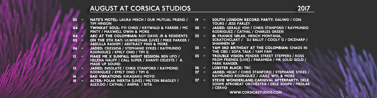Corsica_Studios's tweet photo. August at Corsica Studios &amp; @ColombianSE17 
tickets &amp; more info ➜ https://t.co/9HpE69kkE3 https://t.co/FxkKdEewnJ