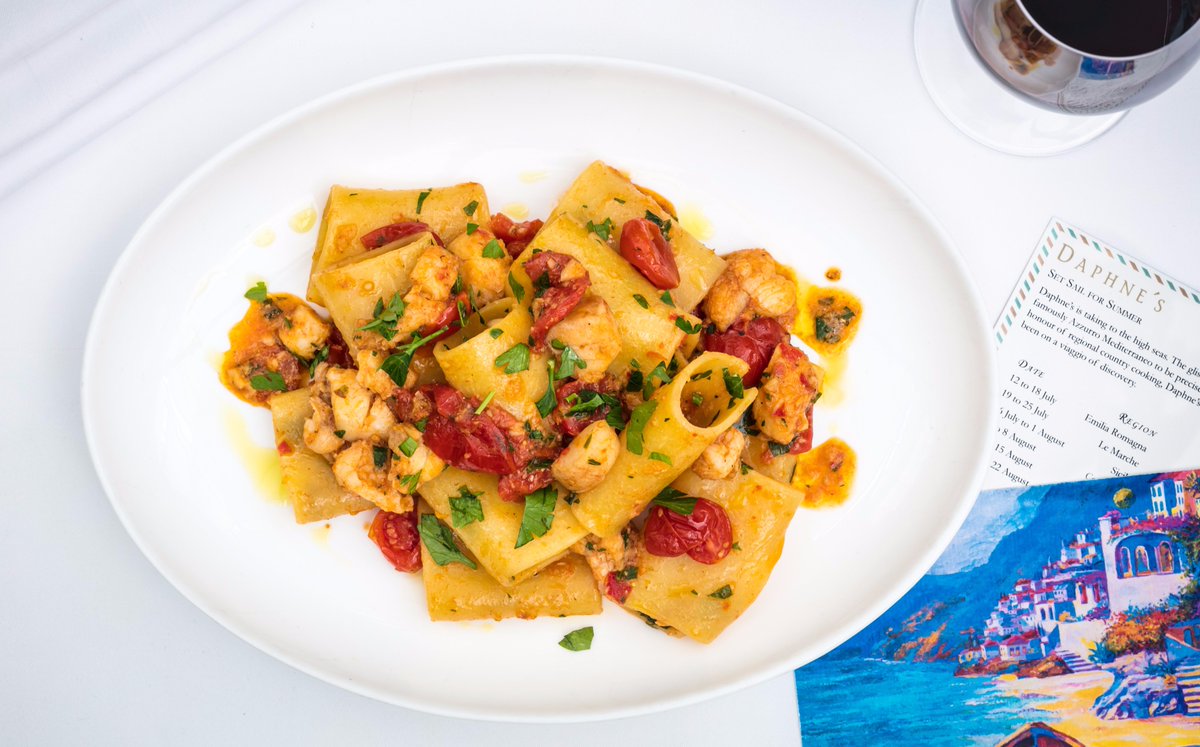 Campania (2-8 August): Paccheri, monkfish &amp; cherry tomatoes paired with a wonderfully intense glass of Greco di Tufo #setsailforsummer