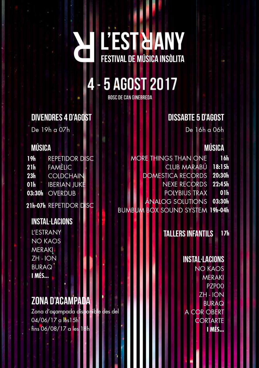 Disponible la programació completa amb els horaris de cada actuació. 

#festival #musicainsolita #art #bosc #musicaelectronica #porqueres