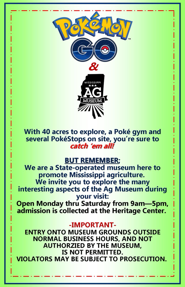 MsAgMuseum's tweet photo. #PokemonGO players, the MS Ag Museum has NEW Pokestops! 
Come out during regular business hours &amp; catch em all! 
#MSAgMuseum https://t.co/zgTZxTCWUr