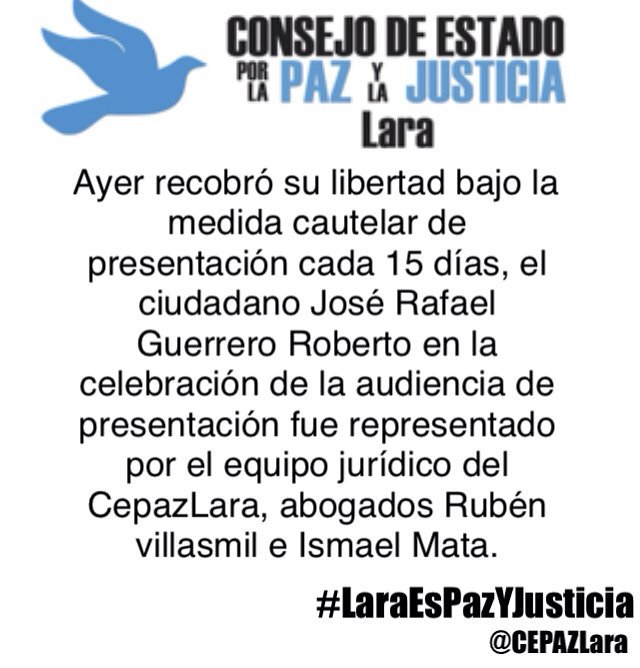 En libertad bajo presentación José Rafael Guerrero gracias a nuestro equipo jurídico.