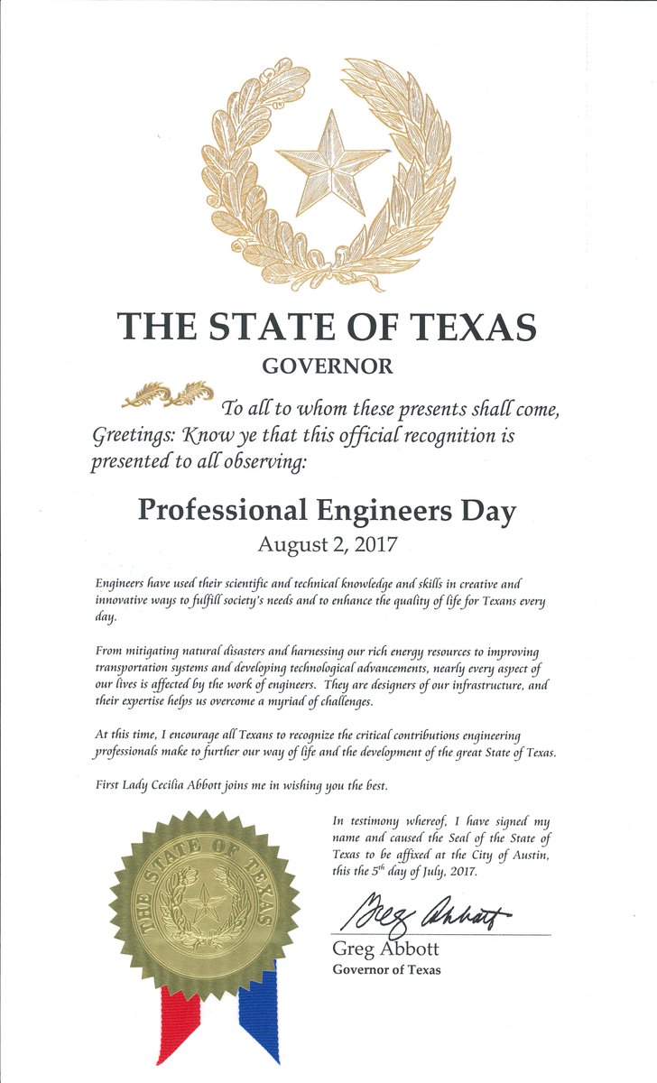 Thank you <a href="/GovAbbott/">Greg Abbott</a>  for recognition of Professional Engineers Day! #LicensedPEDay