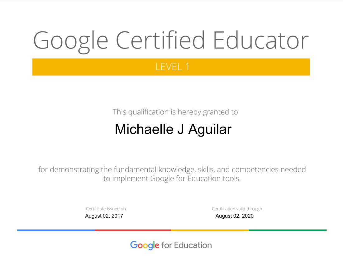 MichaelleCFISD's tweet photo. Starting this school year with my own #BELevelup just got the confirmation I'm now #GoogleEDU Certified Educator #bangelem #lifelonglearner https://t.co/1TqDFaXbC0