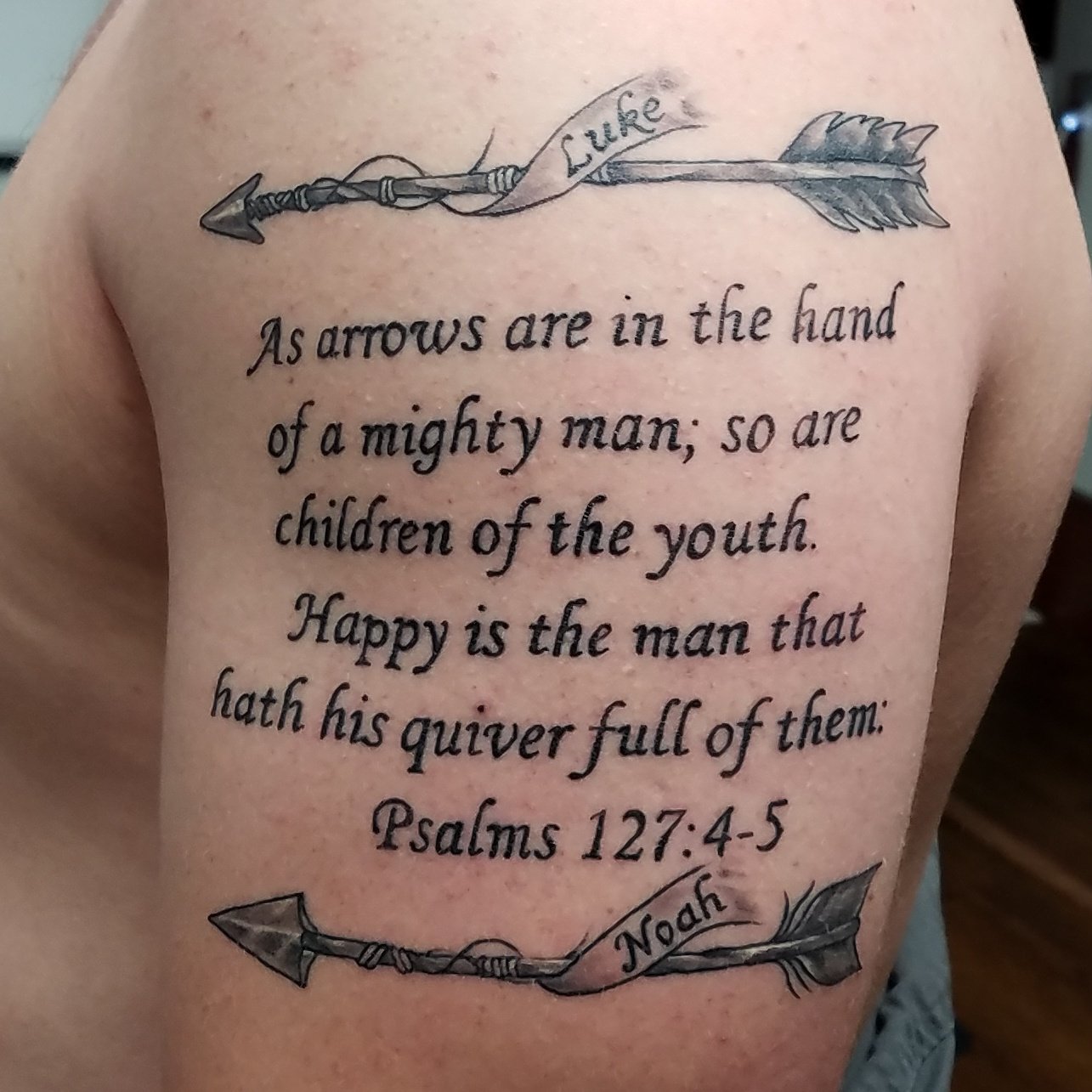 Electric Ink on Twitter: "#bibleversetattoo by Mickey Garcia #psalms127v4  #psalms127 #bibleverse #psalms #arrowtattoo #arrows #blackandgreytattoo  https://t.co/LH3CEuKqOL" / Twitter
