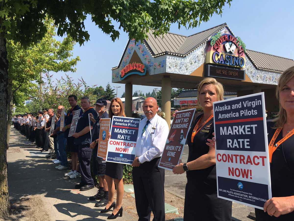 AlaskaHawaiian's tweet photo. Pilots from other airlines &amp; other labor groups joined @AlaskaAir @VirginAmerica  pilots on the picket line today-thank you for your support https://t.co/O0IbtrUoFx