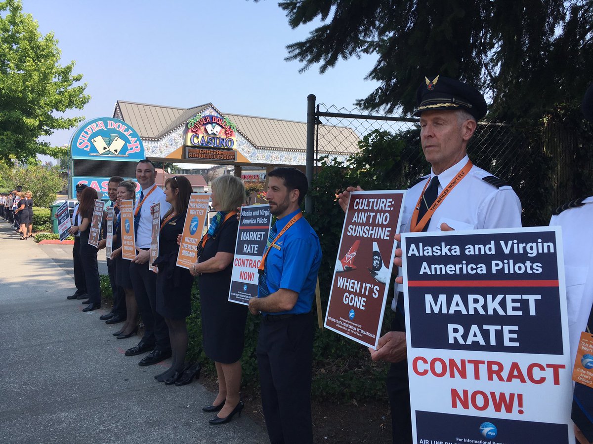AlaskaHawaiian's tweet photo. Pilots from other airlines &amp; other labor groups joined @AlaskaAir @VirginAmerica  pilots on the picket line today-thank you for your support https://t.co/O0IbtrUoFx