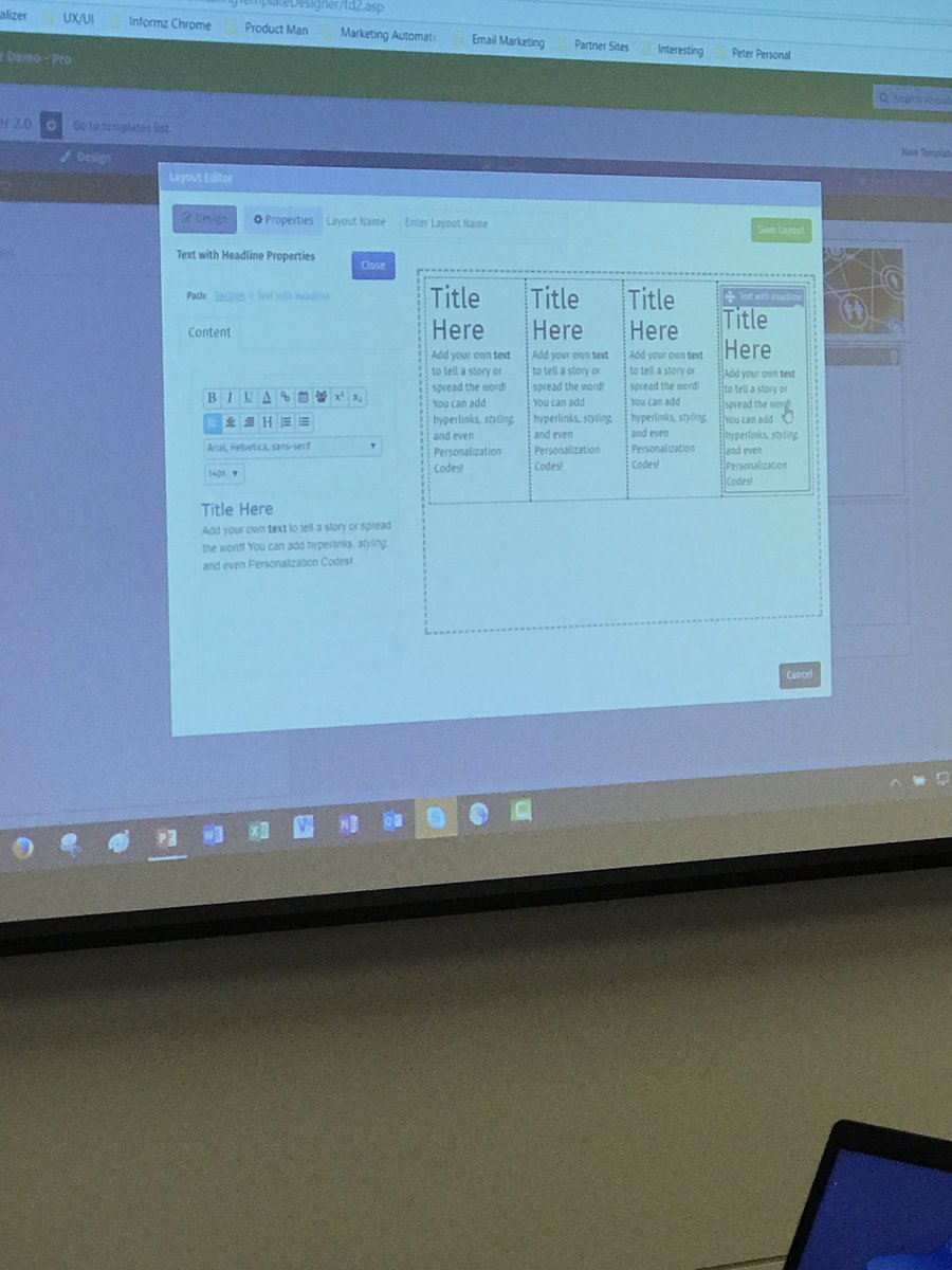 PeterNelsonHL's tweet photo. Jillian demonstrating @Informz Smart Stacking technology for dynamic rendering. Natively responsive! #informzroadshow #informznohtml https://t.co/HnEo9OS5KC