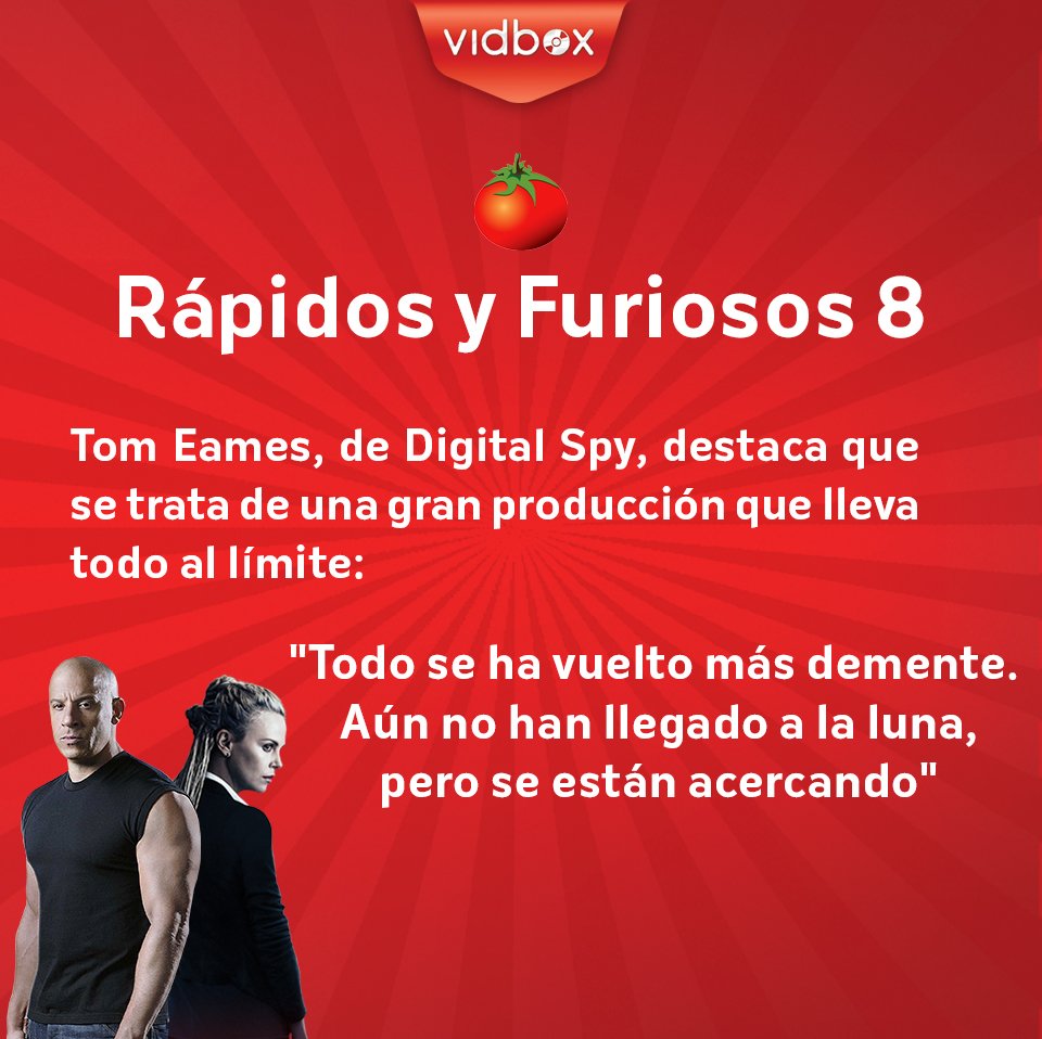 vidboxmx's tweet photo. Hay diferentes críticas para #RápidosYFuriosos8, chécalas en el #Tomatómetro: https://t.co/F9LsBqQQC8 #PonlePlay #Acción #PróximoEstreno https://t.co/PMp7Tggx9V