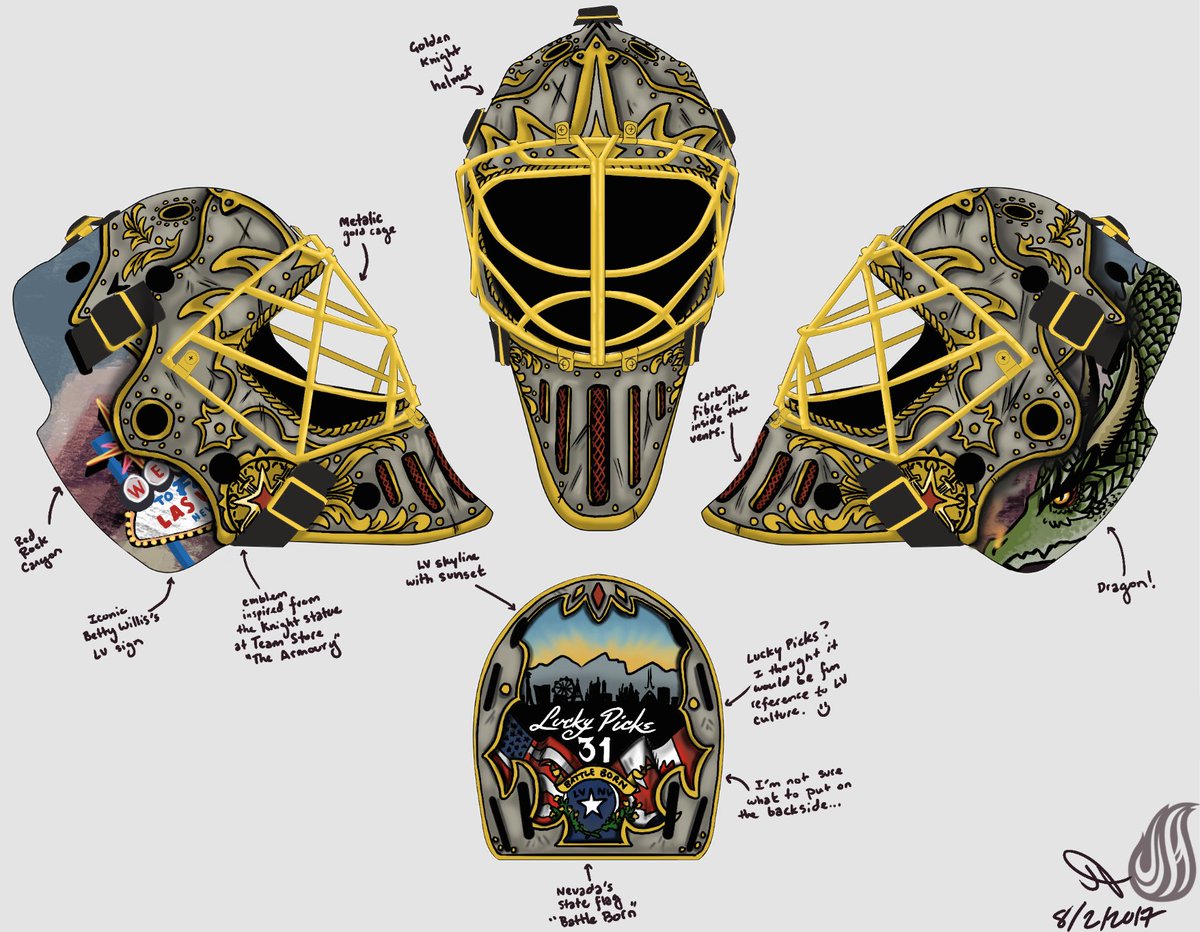 JeannetteH64's tweet photo. Contest entry for #picksmaskcontest to help out coming up with Mask design ideas for @cpickard1โฆ @GoldenKnights https://t.co/cHDmb5IIEH