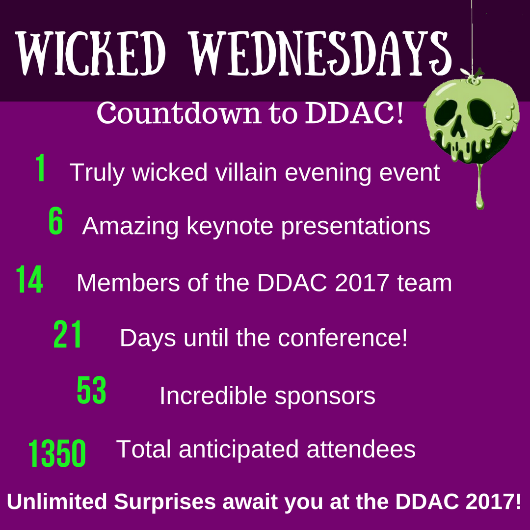 DDAConference's tweet photo. Only two more Wicked Wednesdays until DDAC 2017! Here are some facts about the upcoming conference! #WickedWednesday #disneyanalytics https://t.co/OwJSCvtO2e