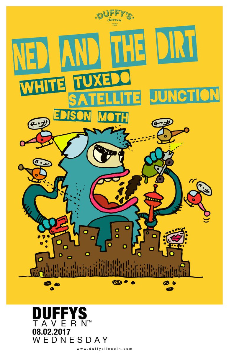 TONIGHT! @NedandtheDirt will be here with <a href="/whitetuxedo/">whitetuxedo</a>, <a href="/SatelliteJunct/">Satellite Junction</a> and <a href="/edisonmoth/">Edison Moth</a>! 9pm. $5. 21+ #LNK #duffystavern #tonight