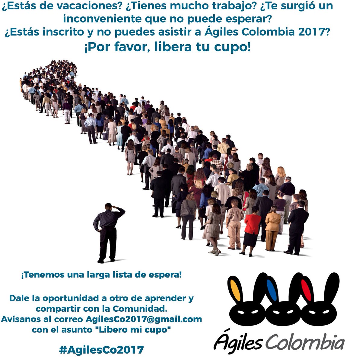 AgilesColombia (@agilescolombia) on Twitter photo ¿Estás inscrito y no puedes asistir a Ágiles Colombia 2017?
Avísanos a AgilesCo2017@gmail.com con el asunto "Libero mi cupo"
#AgilesCo2017 ¿Estás inscrito y no puedes asistir a Ágiles Colombia 2017?
Avísanos a AgilesCo2017@gmail.com con el asunto "Libero mi cupo"
#AgilesCo2017
