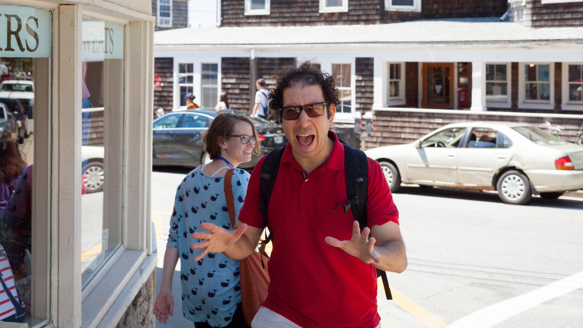 MarkedWardWard's tweet photo. At Woods Hole Film Fest 2017, @seangannet screaming at me and @moooskimo to go see @RozzieMovie. @McShowoff @WHFF #whff2017 https://t.co/QtSnJ4AneT