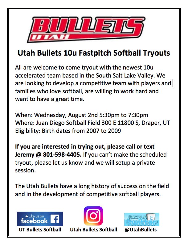 UtahBullets's tweet photo. Tryouts are today!!  See you at 5:30 at Juan Diego! #tryouts #UtBullets #softball #10usoftball https://t.co/b6qWDA6asM