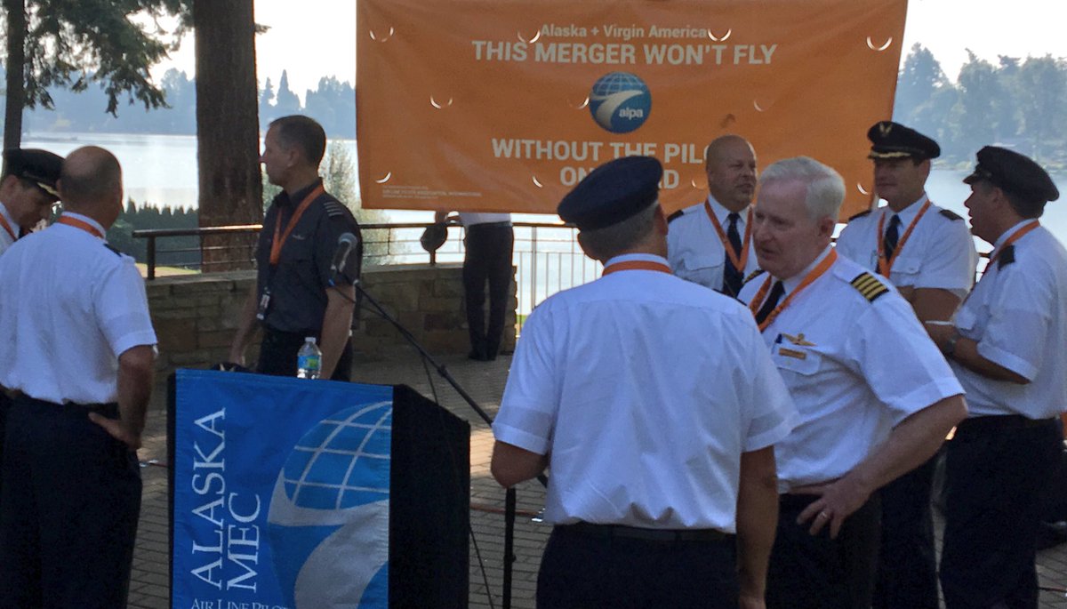 DavidWeaver's tweet photo. .@AlaskaMECALPA & @vxalpa pilots getting ready for rally. #ThisMergerWontFly between @AlaskaAir & @VirginAmerica w/out pilots on board. https://t.co/Bzfo3rRCPs