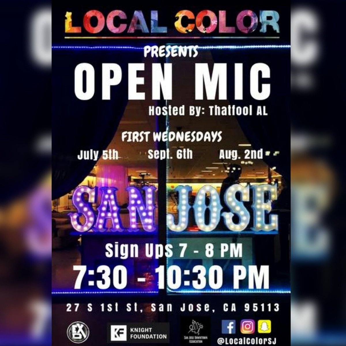 WestacyENT's tweet photo. #TONIGHT #DTSJ @LocalColorSJ #OPENMIC hosted by #THATFOOLAL https://t.co/VAzAxfgaCG