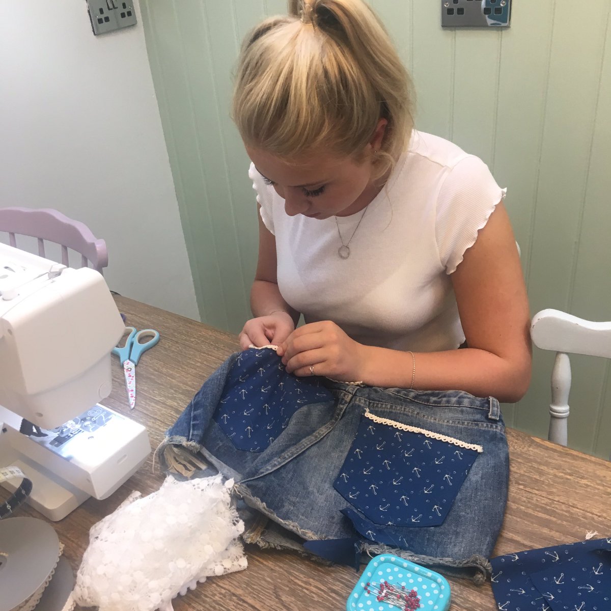 Emily's been st the shop today making samples for a new workshop #upcycling #pompom #sewing #heswall