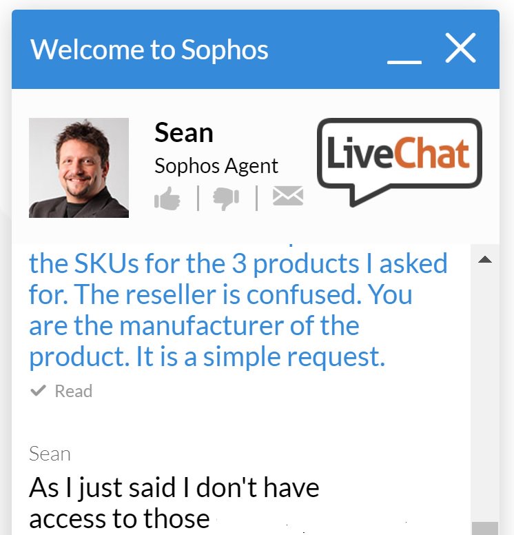 BmoreHousing's tweet photo. We tried to purchase @Sophos today and simply asked the company for 3 SKUs.  Very #rude and #lame response from #SophosSupport. https://t.co/C0UZI3rqMG