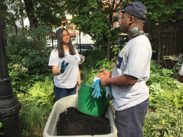 HighLineTeens's tweet photo. Green Council helped to make Cultivate Hell's Kitchen's garden flourish through mulching, pruning, sanding and painting. #HighLineTeens https://t.co/HKVBOcvJxA