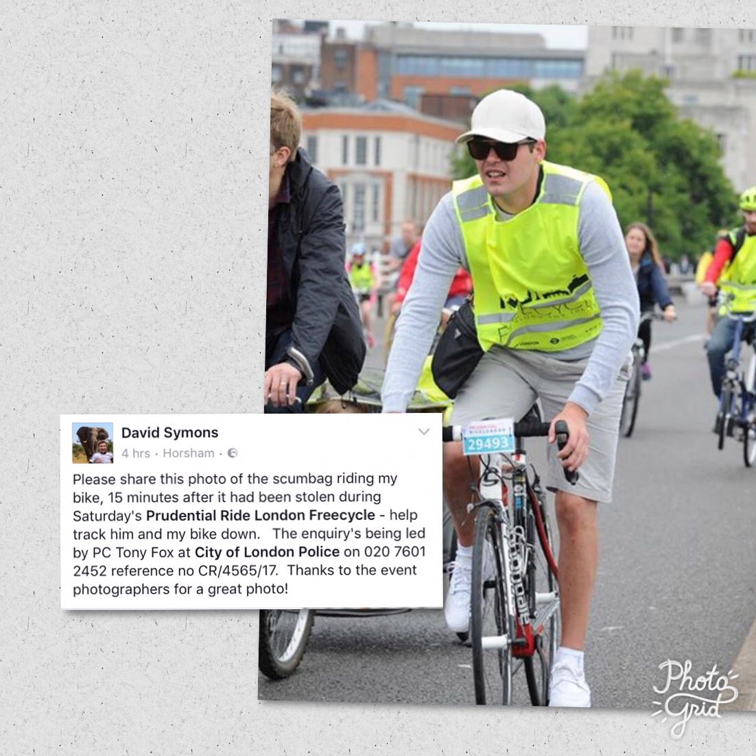 Can people PLS RT/SHARE this. This guy stole <a href="/DavidSymons/">David Symons</a> bike from <a href="/RideLondon/">Ford RideLondon</a> Freecycle on Sat. Caught by event photographer #UKCycleChat