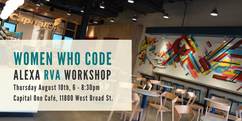 AlexaRVA's tweet photo. Alexa, open #WWCode #RVA workshop an build #Alexa skills with @WWCodeRichmond at the @CapitalOne café! @alexadevs https://t.co/qQQaFpQNIo https://t.co/EJd2B4JODE