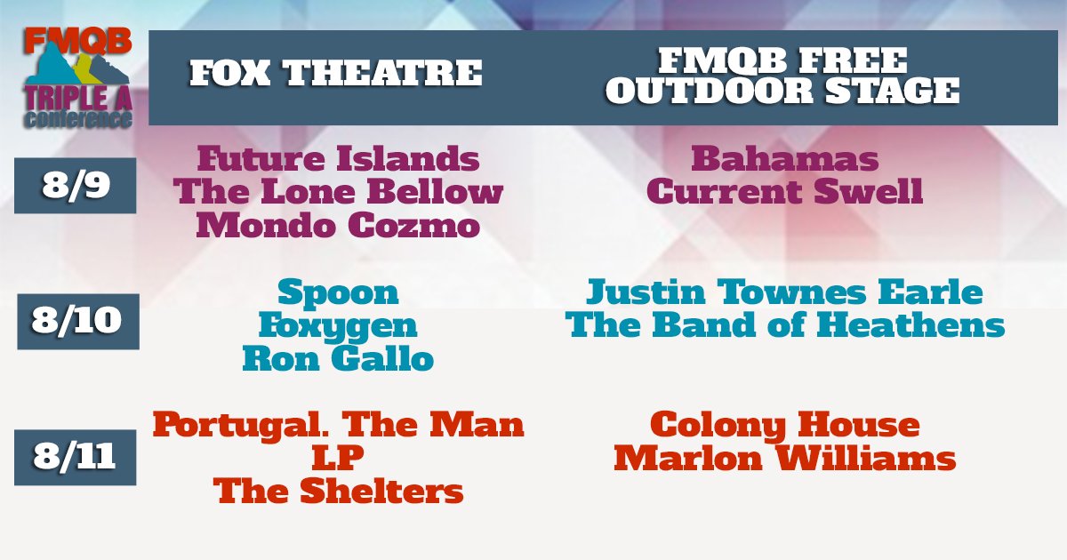 foxtheatreco's tweet photo. FREE FMQB Outdoor Stage Lineup - 8/9 @BahamasMusic @currentswell 8/10 #justintownesearle @BandofHeathens 8/11 @ColonyHouse #marlonwilliams https://t.co/HZaJVmLPmG