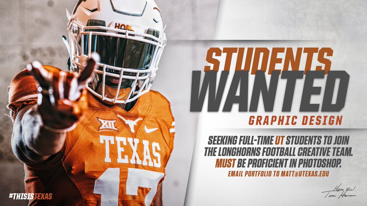 mattjlange's tweet image. Looking for UT student designers to join the Texas Football Creative Team. Must submit portfolio.  Apply here:  texassports.com/documents/2017…