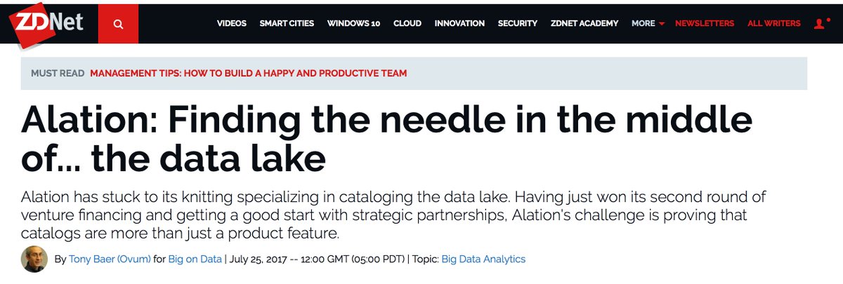 .<a href="/Alation/">Alation</a> catalogs the data lake for governance. Thanks <a href="/TonyBaer/">Tony Baer</a> for sharing a perspective on our growth! bit.ly/Baer_DataLake #BigData