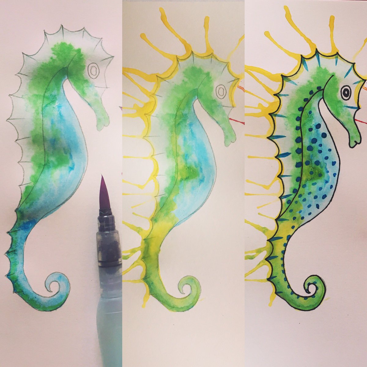 AnnieCodina's tweet photo. Evolució del cavallet verd, ara toca el rosa #cavalletsdemar #éshoradepintar #pinzelldaigua #watercolor #illustration #art #paintime https://t.co/xra6n3BxCs