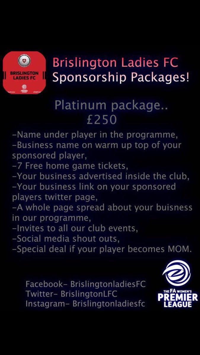 BrislingtonLFC's tweet photo. At Brislington Ladies FC we offer different types of sponsorship packages for our players. Have a look and message us if you're interested https://t.co/blcb96uJDx