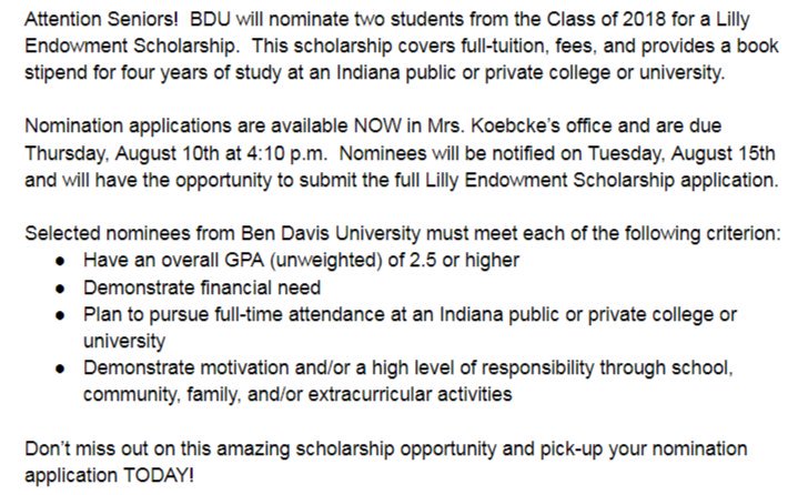 BDUNextSteps's tweet photo. Attention BDU Seniors!  Nomination applications are now available for the Lilly Endowment Scholarship!  See below for details!👇🏽 https://t.co/Bop3qHciBf