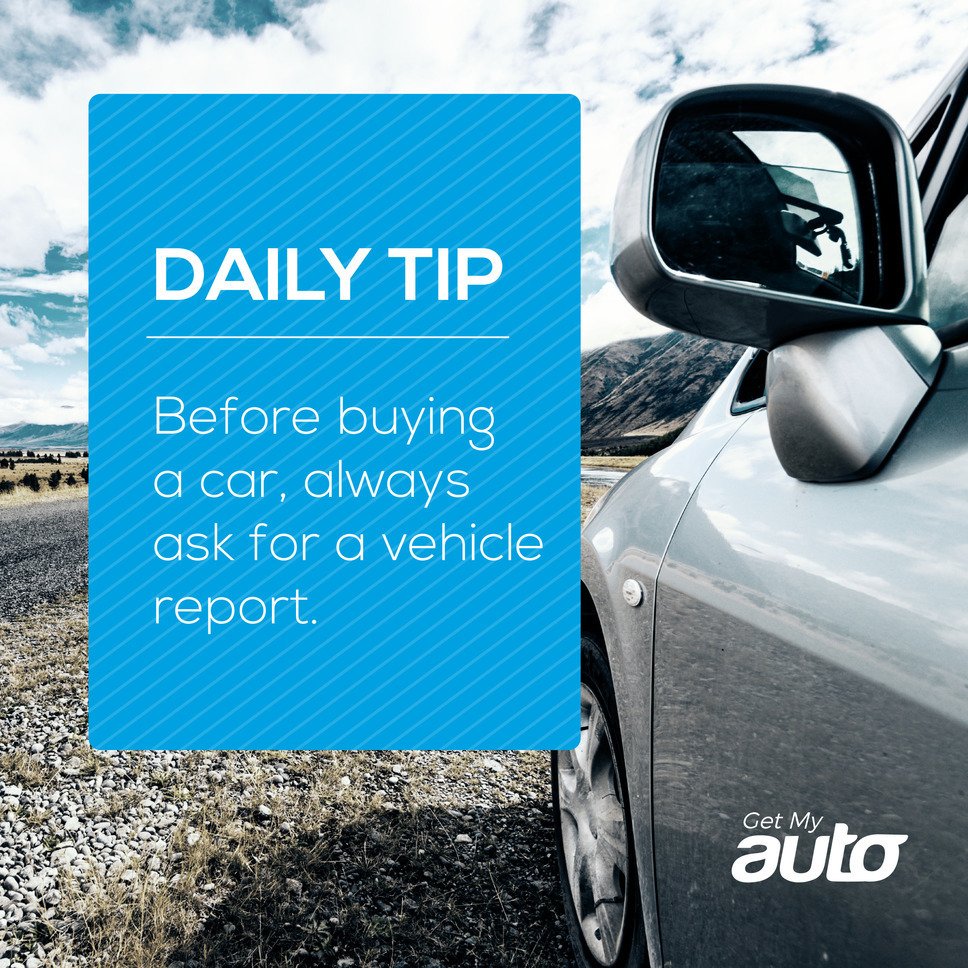 GetMyAuto's tweet photo. Today's Tip
Before buying a car, always ask for a vehicle report.
#GetMyAuto #CarTip @CarfaxReports #CarFax #CarReport #UsedCarTip #DailyTip https://t.co/RtwM6VCoTB