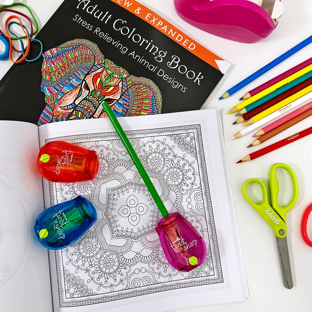 BostitchOffice's tweet photo. It's #NationalColoringBookDay ! RT &amp; Follow for a chance to win a Twist-n-Sharp pencil sharpener, 50 colored pencils, &amp; a coloring book! https://t.co/8la6CDGQOr