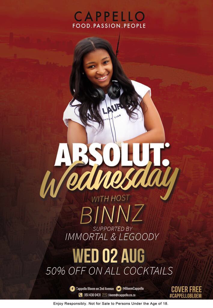 BloemCappello's tweet photo. #ABSOLUTWednesday hosted by @BinaBinnz featuring @ImmortalDj_BFN & @LeGoodySA ๐น๐ธ๐ฅ#50%OFFonAllCocktails https://t.co/xtVRmx0XL6