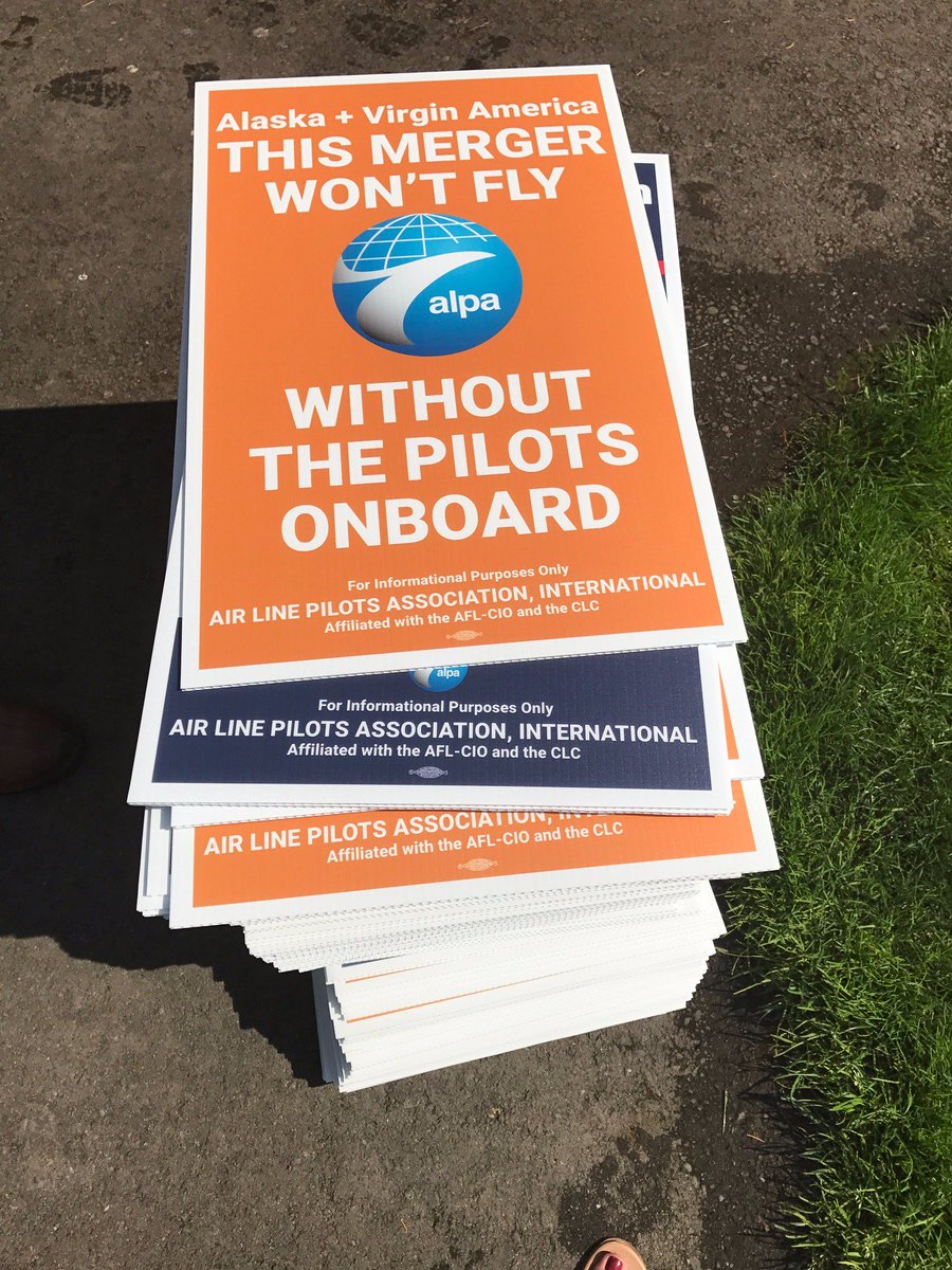 ALPAPilots's tweet photo. ALPA's @AlaskaMECALPA @vxalpa pilots are getting ready to rally as they pick up their informational picketing signs! #thismergerwontfly https://t.co/7kpmb2Rcfr