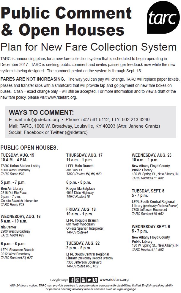 ridetarc's tweet photo. #RiderAlert! You're invited! New Fare System Open Houses, Aug. 15 - Sept. 15
https://t.co/7jmtNZa2nj
#innovation #farebox #publictransit https://t.co/2VfvZ3ahrx