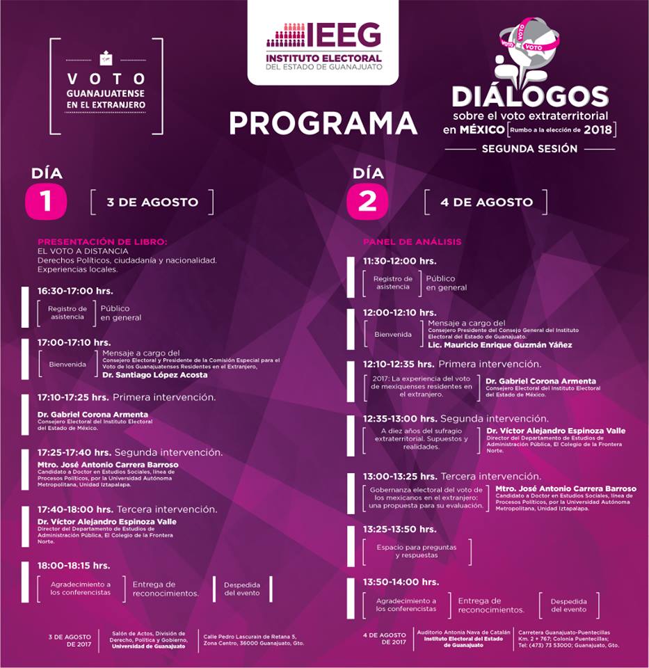 IEEG's tweet photo. Asiste a los "Diálogos sobre el voto extraterritorial en México. Rumbo a la elección de 2018",este 3 y 4 de agosto.  Consulta el programa: https://t.co/b99eA4mTLh