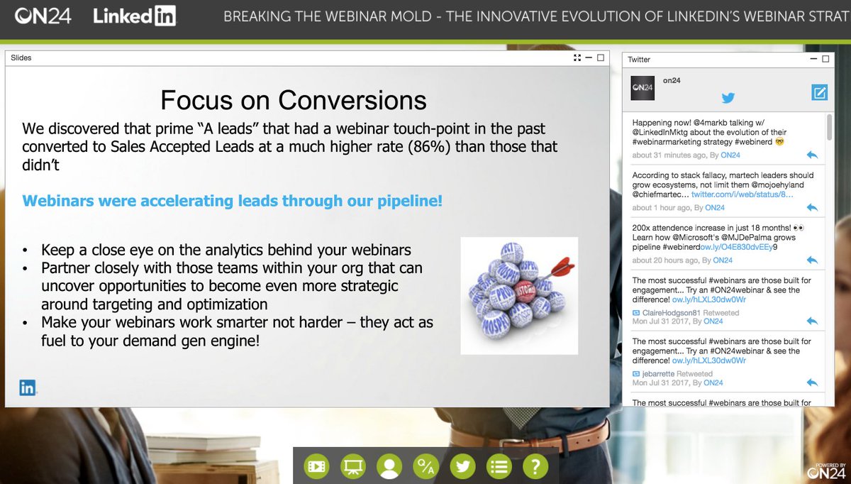 ON24's tweet image. Impressive finding by @LinkedInMktg: Leads w/ #ON24webinar touch-point convert at 86% rate accelerating #pipeline #webinerds 🤓