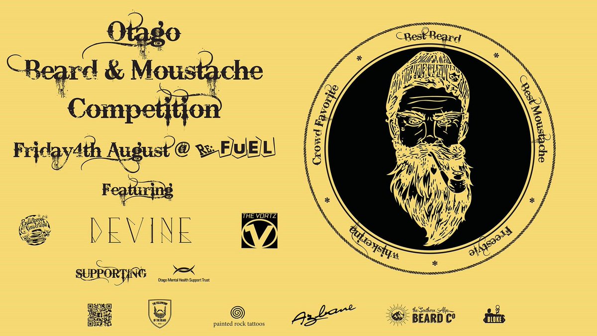 ReFuelDunedin's tweet photo. Join us for the #Otago #Beard and #Moustache #competition tomorrow night! Have you got the goods? Friday night will tell! https://t.co/4Ik7jpivBg