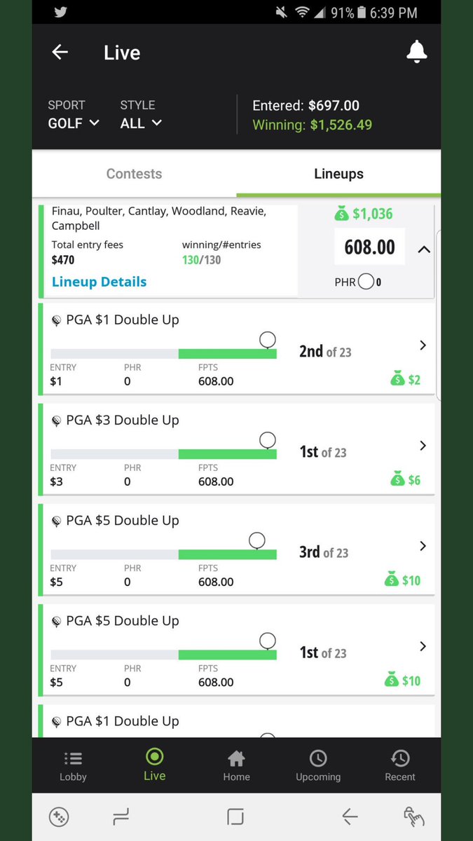 NBAFireDFS's tweet photo. Want your phone to look like this come Sunday for PGA? Like this post and I'll reach out to you for more info⛳️🔥😎 You see the results. https://t.co/F3z3rJH0iv