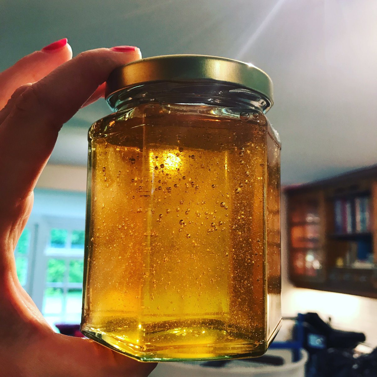 Alex_CLGC's tweet photo. Our very first jar of #honey #savethebees #gardenerslittleangel https://t.co/SDBoIEC4t3