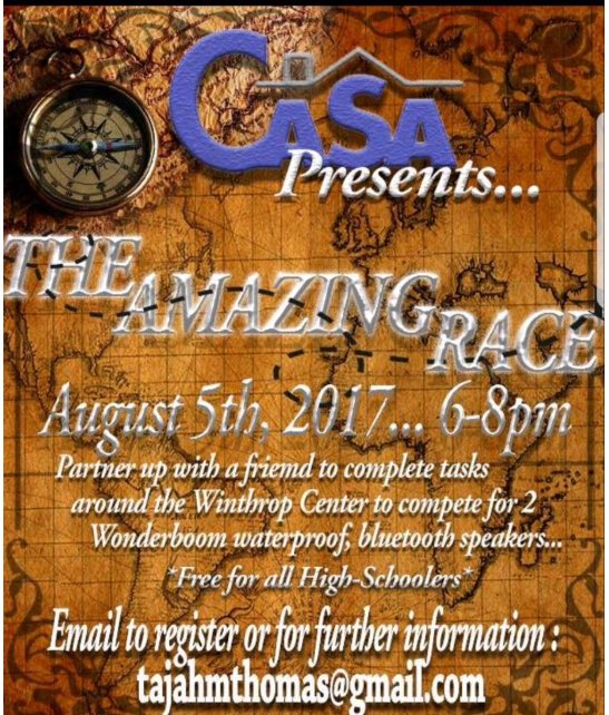 CASA_YAB's tweet photo. AMAZING RACE!
Register Now!
tajahmthomas@gmail.com
8572065061
Saturday, August 5; 6:00-8:00
After party at Ingleside! https://t.co/OWa7mk4DwA