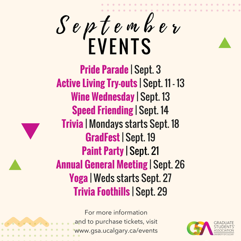 GSACalgary's tweet photo. Check out our events happening in September! Visit the GSA events page https://t.co/6c6b0ADJCJ for tickets and information. https://t.co/6SkJEqCv43