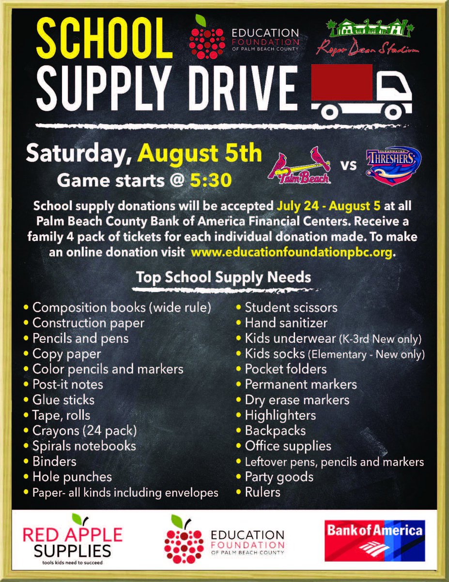 EducationFdnPBC's tweet photo. Join us for an evening of fun and receive tickets when you donate school supplies! 🍎#happydonating @pbcsd @BofA_Community @BankofAmerica https://t.co/UTvMGIXHOz