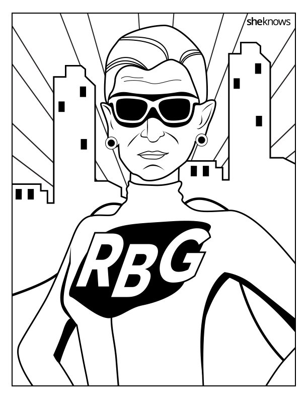 A black and white coloring book illustration of Ruth Bader Ginsburg dressed as a superhero. The letters "RBG" appear as an emblem on her superhero uniform.