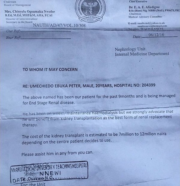 This is a fundraising campaign to help save Ebuka Peter Umechiedo from Aguata local government area of Anambra state, towards kidney transplant