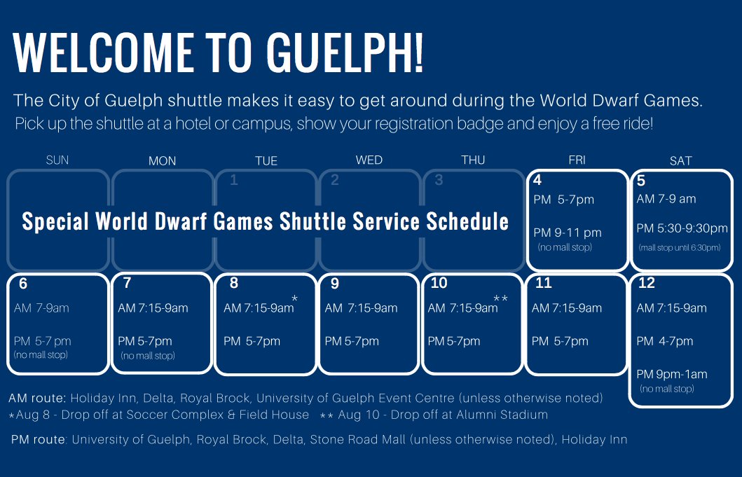 OfficialWDG2017's tweet photo. Huge thank you to the @cityofguelph for their overwhelming generosity. Be sure to wear your Games credentials and enjoy the free ride! https://t.co/dKShLgXIXz