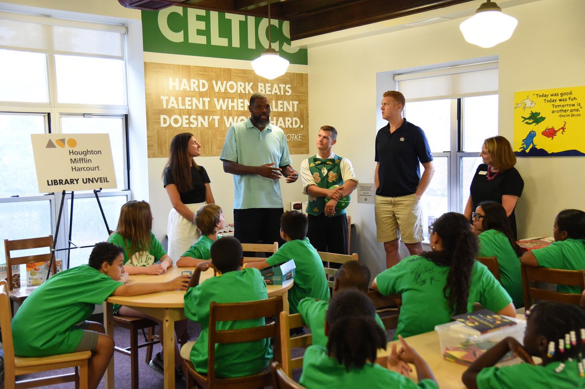 celtics's tweet photo. .@waltermccarty &amp; @Scalabrine pulled off a #CelticsAssist today in Charlestown at the unveiling of a @HMHCo Library ☘️ https://t.co/hVlJx1eTjM