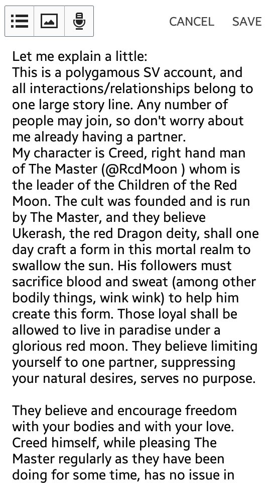 RedMoonCreed's tweet image. New polygamous SV account! (Red Moon RPG)
-Cult member 
-Cult name: Creed.
-Attachments: The Master @RcdMoon (Open relationship.)
#RedMoon
